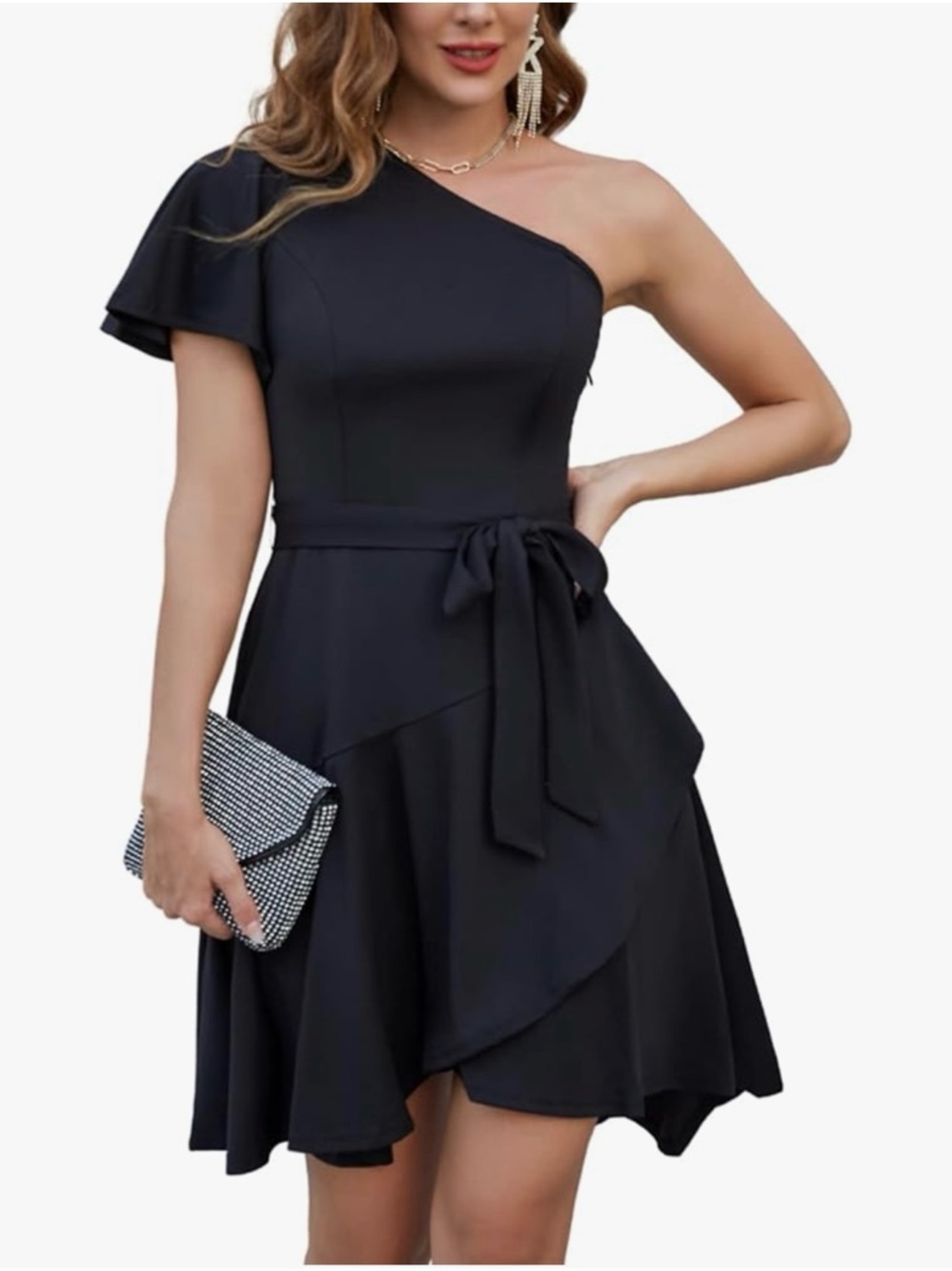 Grace Karin One Shoulder Ruffle Short Sleeve A Line